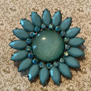 Vintage costume jewelry brooch blue flower with rhinestones
